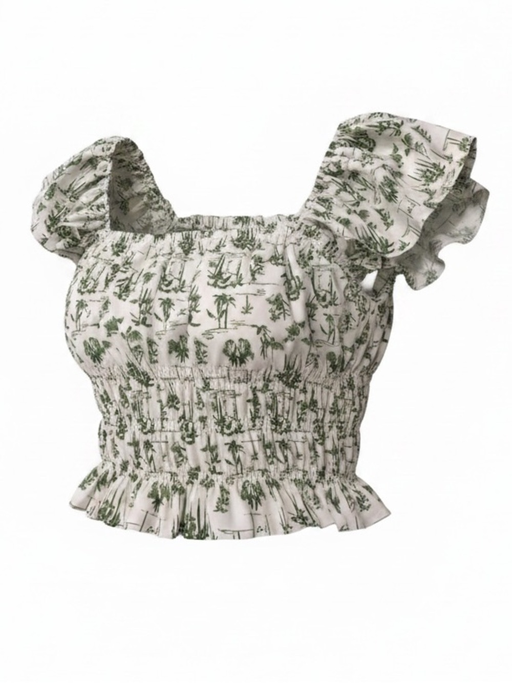 Abercrombie & Fitch White Smocked Crop Top with Green Tropical Print CottageCore